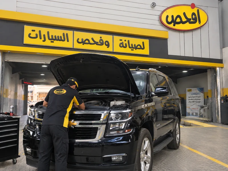 فني يفحص محرك شفروليه تاهو في مركز افحص